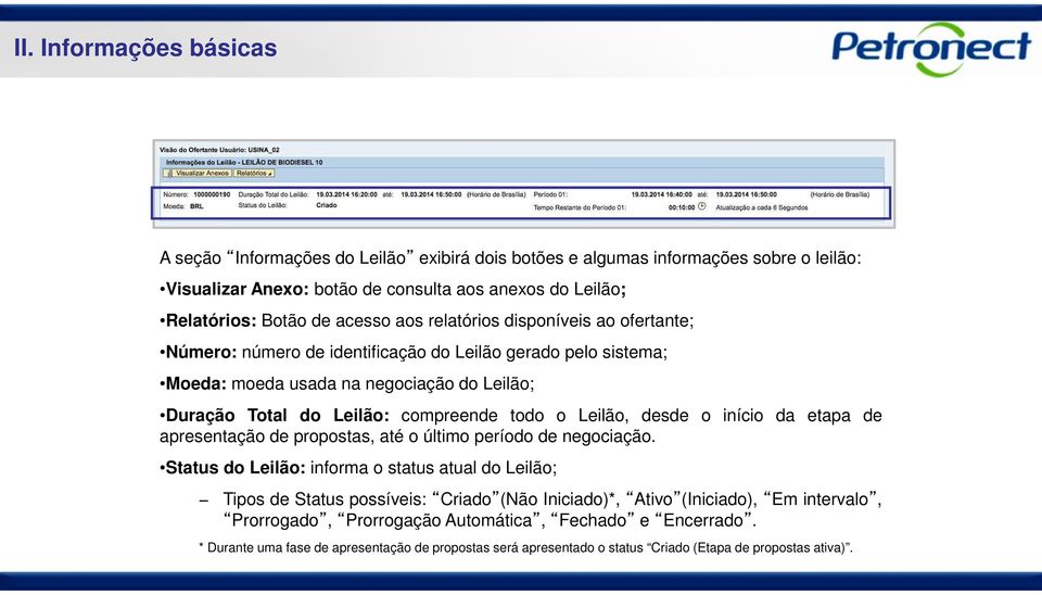 o Leilão, desde o início da etapa de apresentação de propostas, até o último período de negociação.