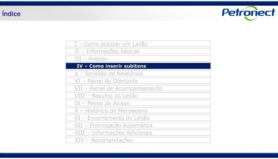 Acompanhamento VIII Resumo do Leilão IX Painel de Avisos X Histórico de Mensagens