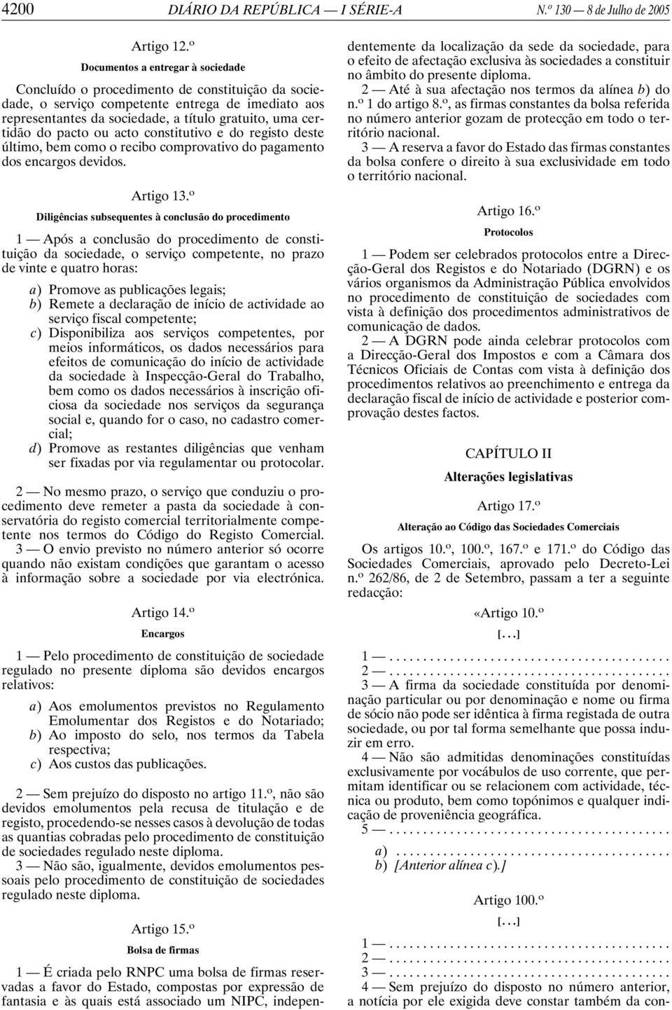 pacto ou acto constitutivo e do registo deste último, bem como o recibo comprovativo do pagamento dos encargos devidos. Artigo 13.