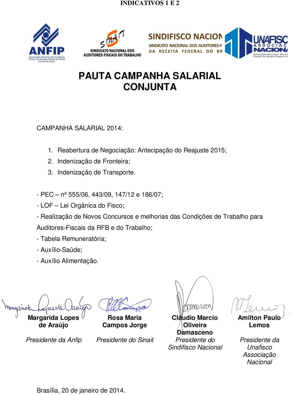 - PEC nº 555/06, 443/09, 147/12 e 186/07; - LOF Lei Orgânica do Fisco; - Realização de Novos Concursos e melhorias das Condições de Trabalho para Auditores-Fiscais da RFB e