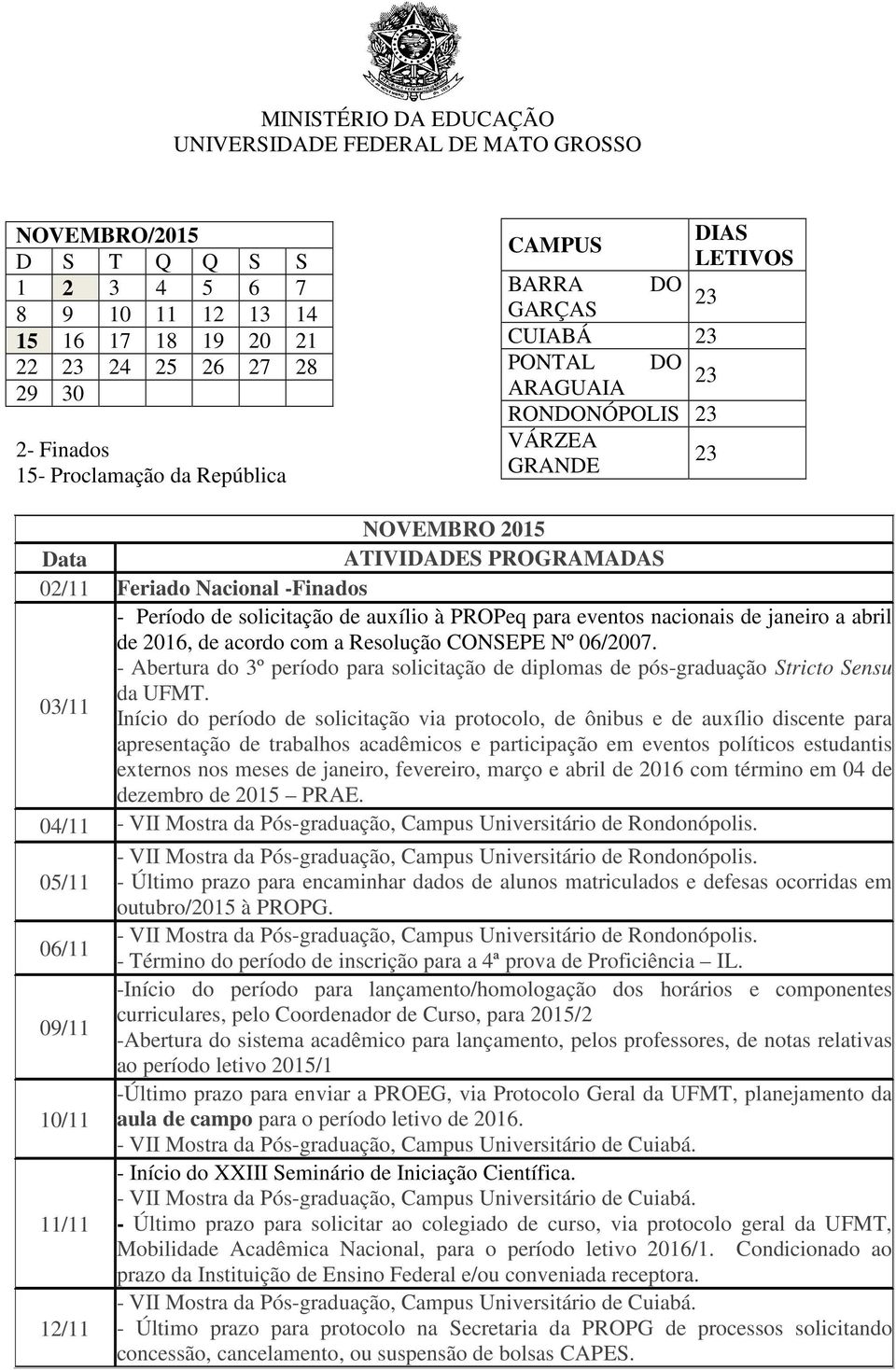 a Resolução CONSEPE Nº 06/2007. - Abertura do 3º período para solicitação de diplomas de pós-graduação Stricto Sensu da UFMT.