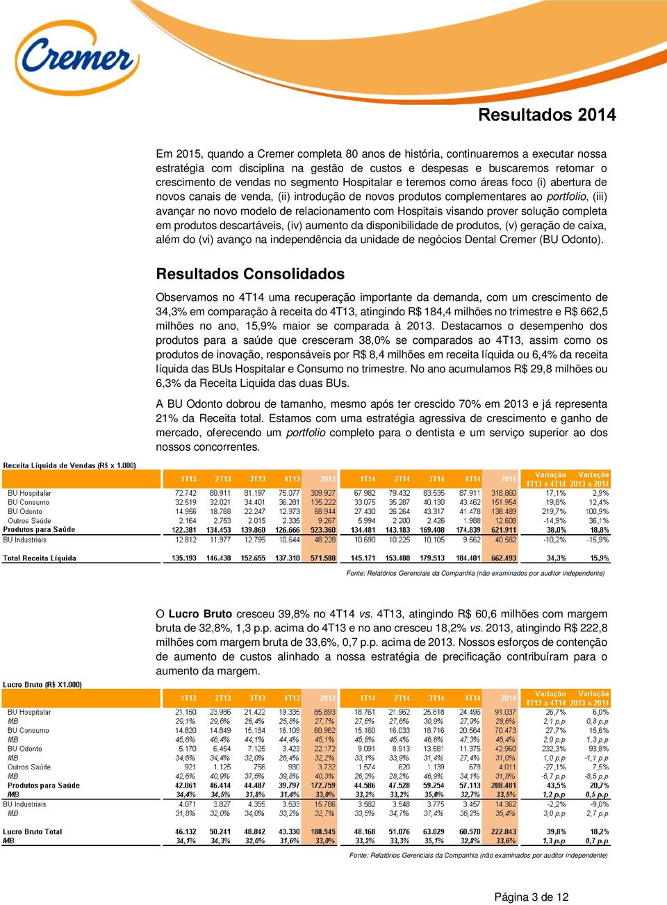 visando prover solução completa em produtos descartáveis, (iv) aumento da disponibilidade de produtos, (v) geração de caixa, além do (vi) avanço na independência da unidade de negócios Dental Cremer