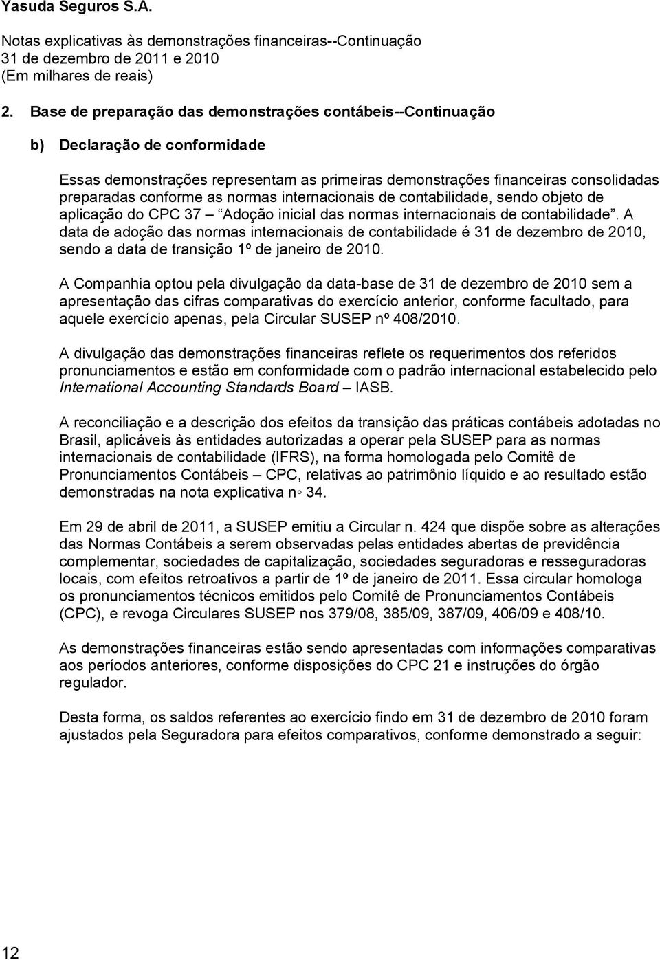 A data de adoção das normas internacionais de contabilidade é 31 de dezembro de 2010, sendo a data de transição 1º de janeiro de 2010.