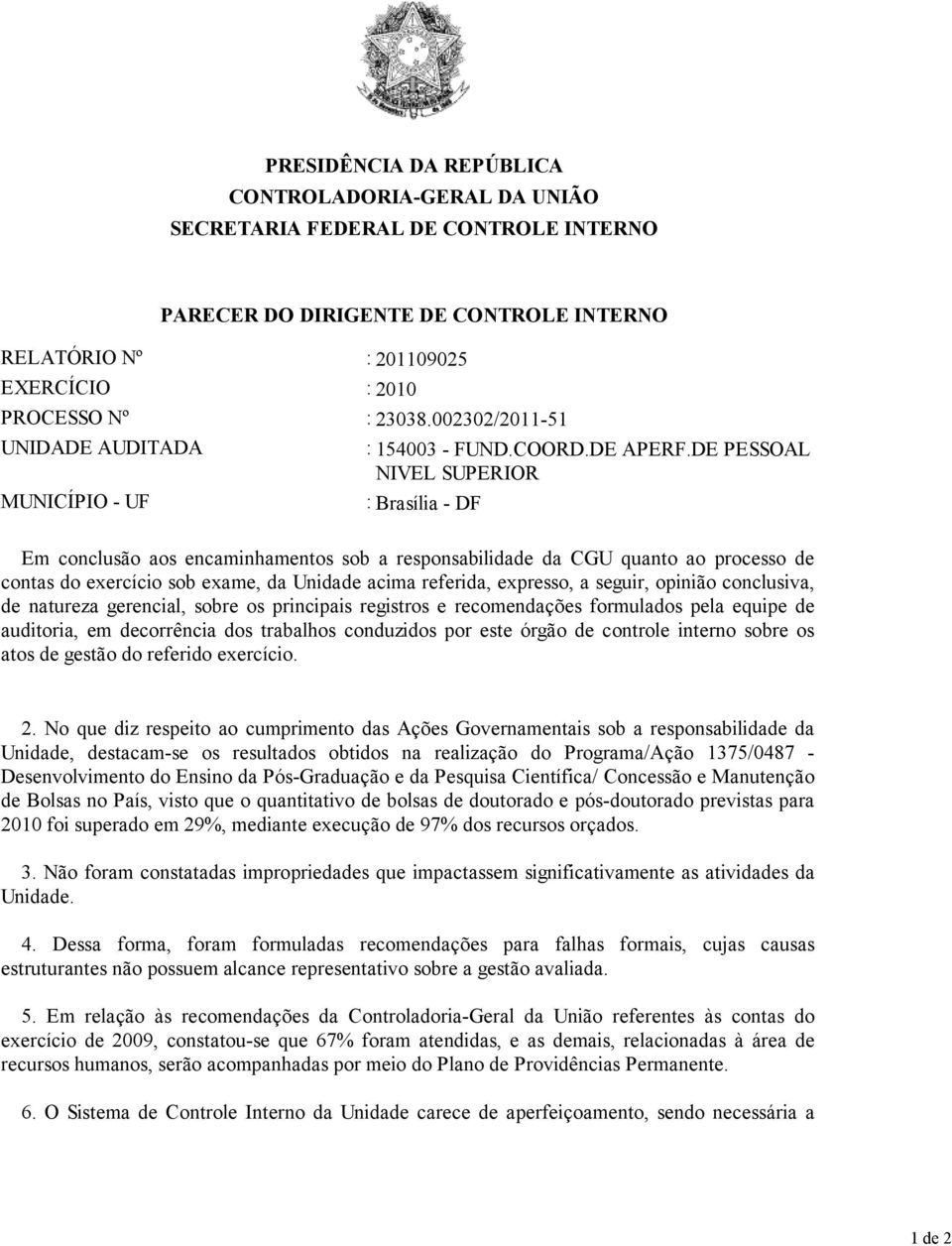 DE PESSOAL NIVEL SUPERIOR MUNICÍPIO - UF : Brasília - DF Em conclusão aos encaminhamentos sob a responsabilidade da CGU quanto ao processo de contas do exercício sob exame, da Unidade acima referida,