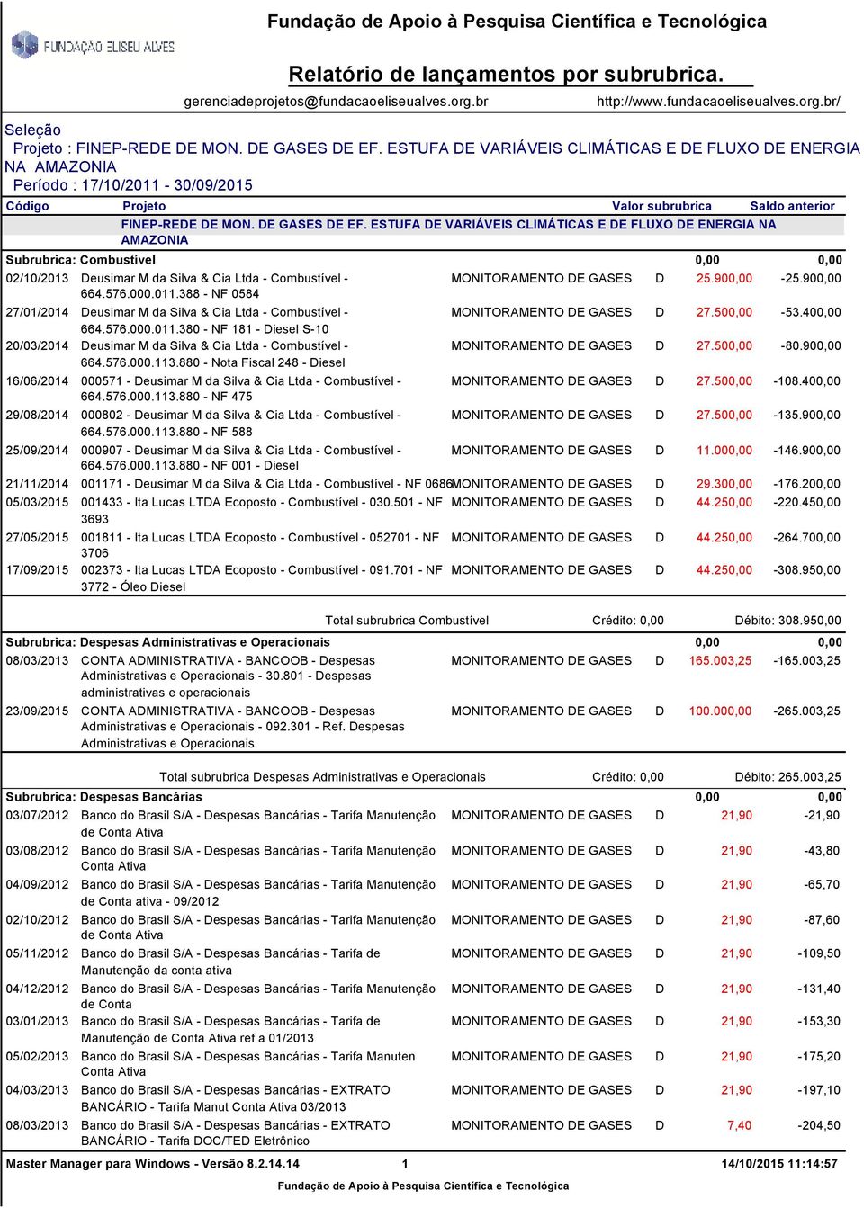 ESTUFA DE VARIÁVEIS CLIMÁTICAS E DE FLUXO DE ENERGIA NA AMAZONIA Subrubrica: Combustível 02/10/2013 Deusimar M da Silva & Cia Ltda - Combustível - 664.576.000.011.