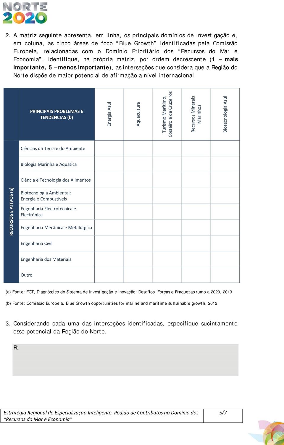 Identifique, na própria matriz, por ordem decrescente (1 mais importante, 5 menos importante), as interseções que considera que a Região do Norte dispõe de maior potencial de afirmação a nível