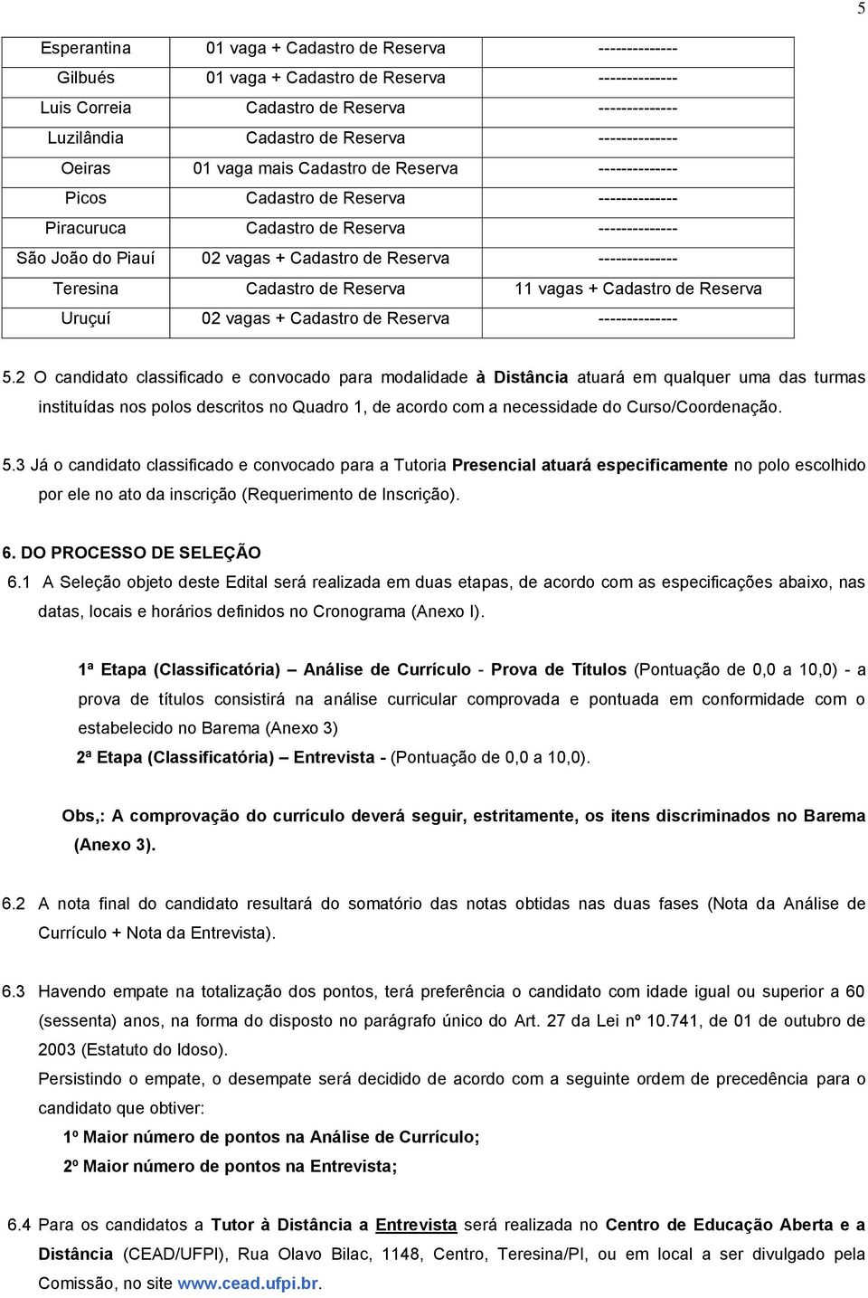 Reserva -------------- Teresina Cadastro de Reserva 11 vagas + Cadastro de Reserva Uruçuí 02 vagas + Cadastro de Reserva -------------- 5.