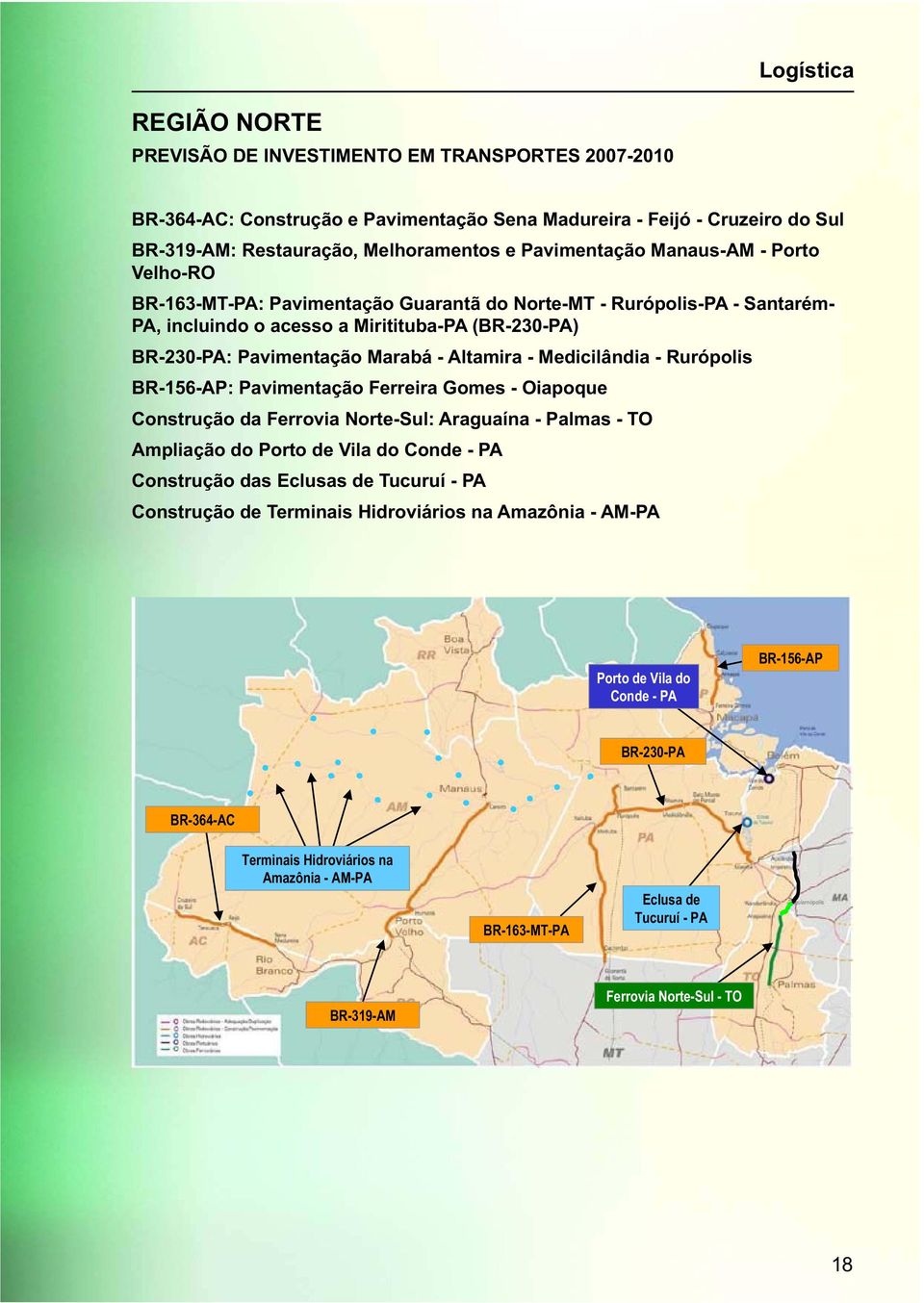 Ferreira Gomes - Oiapoque Construção da Ferrovia Norte-Sul: Araguaína - Palmas - TO Ampliação do Porto de Vila do Conde - PA Construção das Eclusas de Tucuruí - PA Construção de Terminais