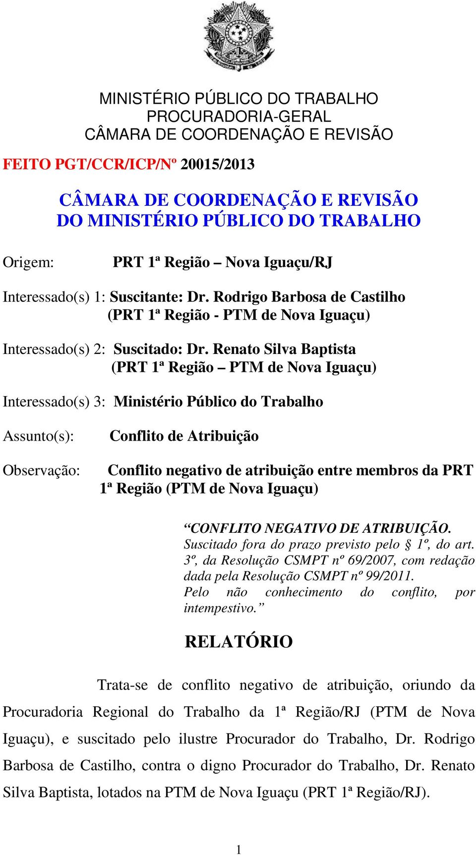 Renato Silva Baptista (PRT 1ª Região PTM de Nova Iguaçu) Interessado(s) 3: Ministério Público do Trabalho Assunto(s): Observação: Conflito de Atribuição Conflito negativo de atribuição entre membros