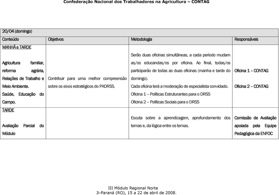 domingo). Meio Ambiente. sobre os eixos estratégicos do PADRSS. Cada oficina terá a moderação de especialista convidado.