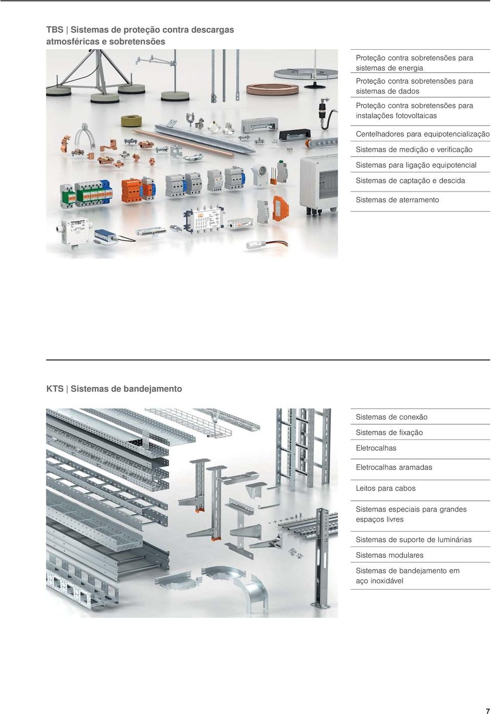 equipotencial Sistemas de captação e descida Sistemas de aterramento KTS Sistemas de bandejamento Sistemas de conexão Sistemas de fixação Eletrocalhas Eletrocalhas