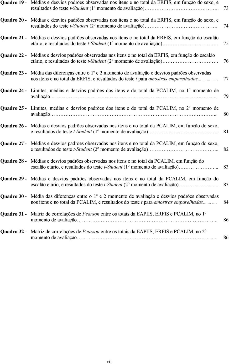 74 Quadro 21 - Médias e desvios padrões observadas nos itens e no total da ERFIS, em função do escalão etário, e resultados do teste t-student (1º momento de avaliação) 75 Quadro 22 - Médias e