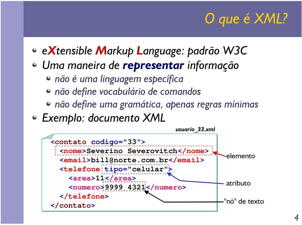 define vocabulário de comandos não define uma gramática, apenas regras mínimas Exemplo: documento XML usuario_33.