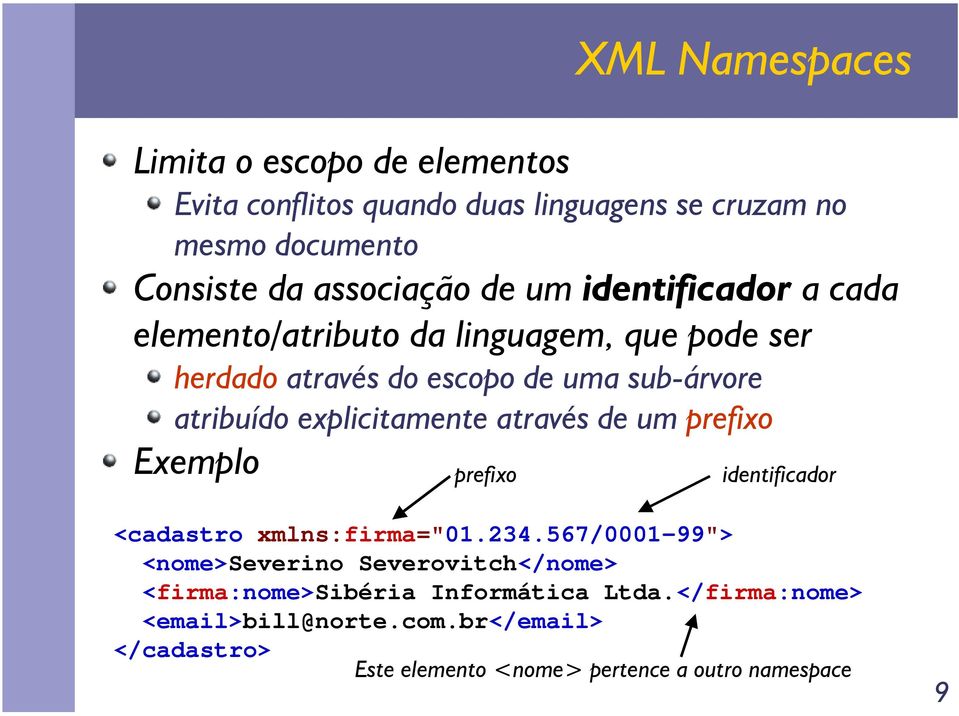 através de um prefixo Exemplo prefixo identificador <cadastro xmlns:firma="01.234.