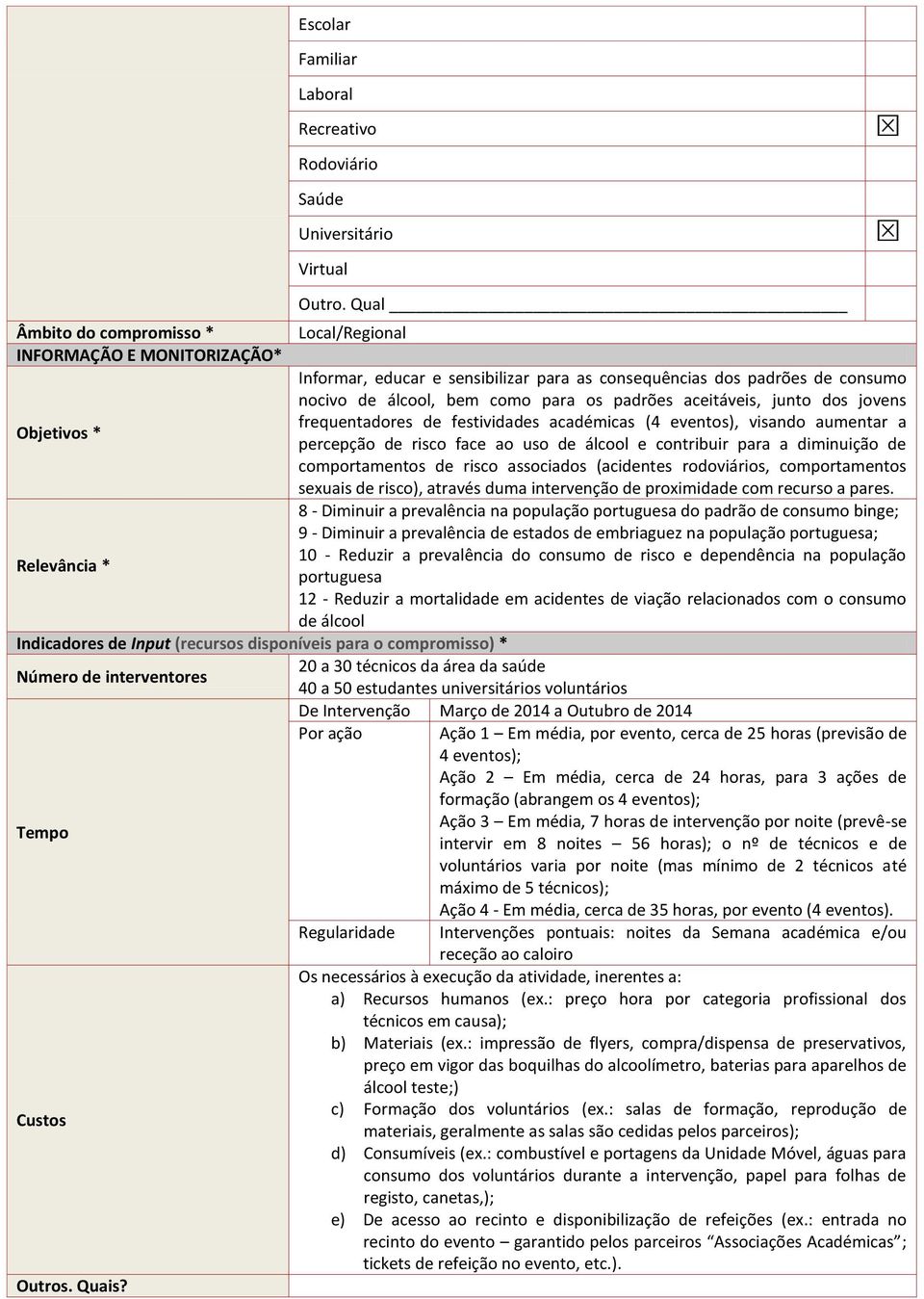 aceitáveis, junto dos jovens frequentadores de festividades académicas (4 eventos), visando aumentar a Objetivos * percepção de risco face ao uso de álcool e contribuir para a diminuição de