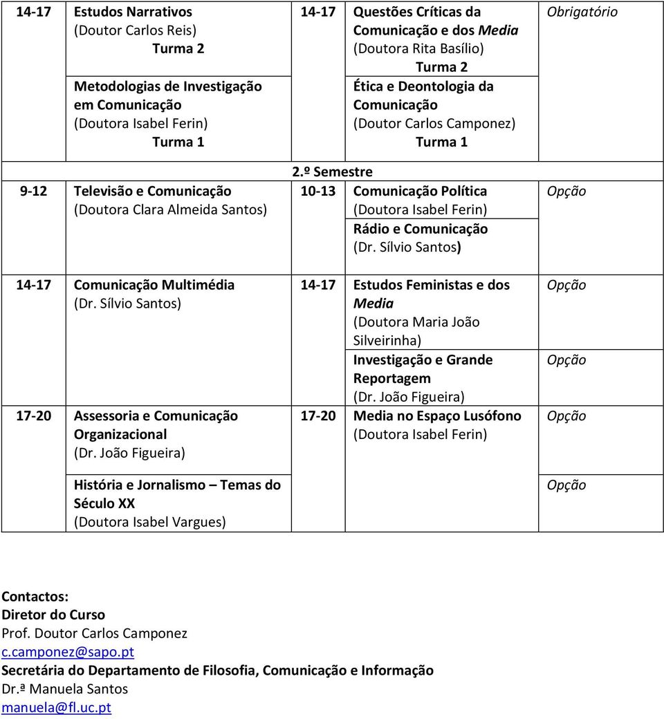João Figueira) História e Jornalismo Temas do Século XX (Doutora Isabel Vargues) 14-17 Questões Críticas da Comunicação e dos Media (Doutora Rita Basílio) Turma 2 Ética e Deontologia da Comunicação