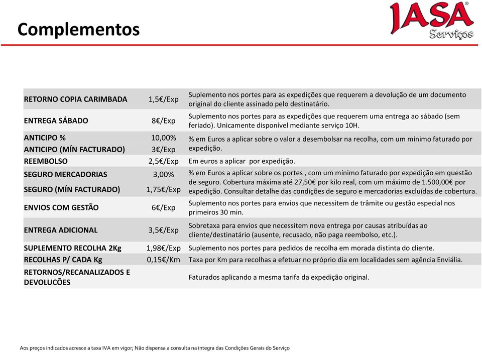 10,00% % em Euros a aplicar sobre o valor a desembolsar na recolha, com um mínimo faturado por 3 /Exp expedição. 2,5 /Exp Em euros a aplicar por expedição.
