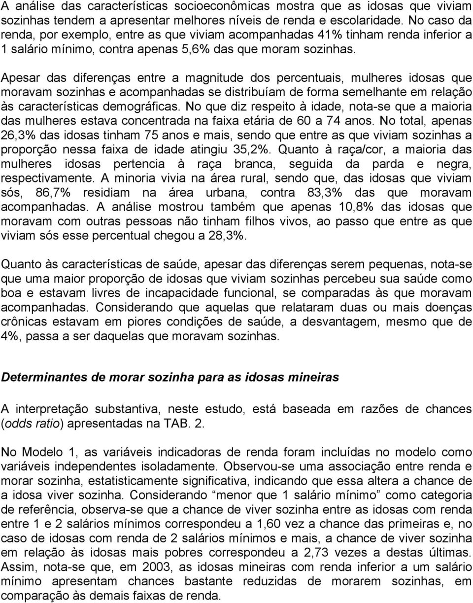 Apesar das diferenças entre a magnitude dos percentuais, mulheres idosas que moravam sozinhas e acompanhadas se distribuíam de forma semelhante em relação às características demográficas.