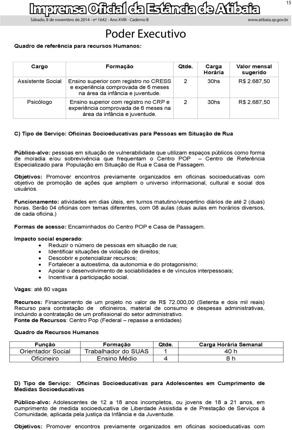 Ensino superior com registro no CRP e experiência comprovada de 6 meses na área da infância e juventude. Valor mensal sugerido 2 30hs R$ 2.687,50 2 30hs R$ 2.