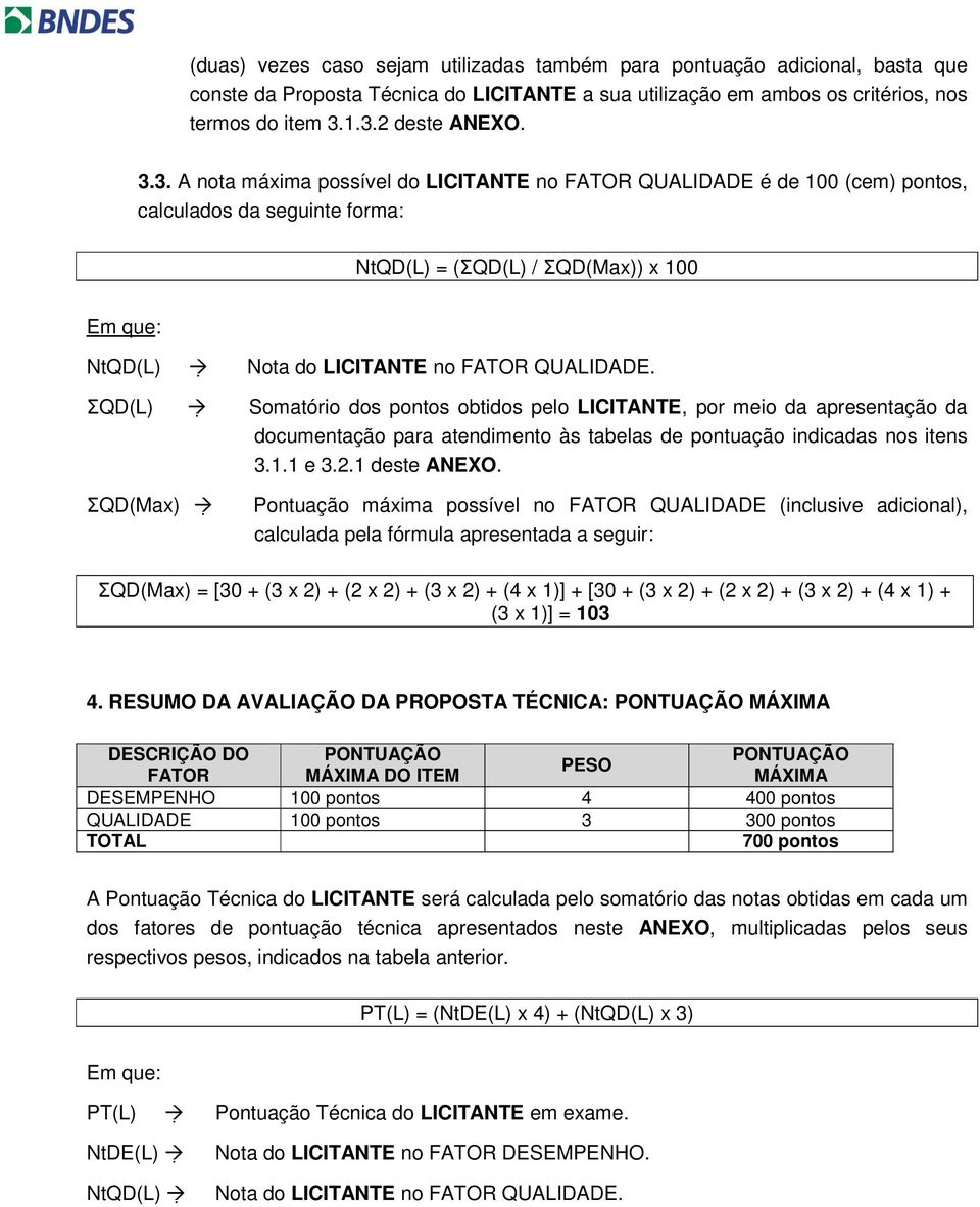 LICITANTE no FATOR QUALIDADE. ΣQD(L) Somatório dos pontos obtidos pelo LICITANTE, por meio da apresentação da documentação para atendimento às tabelas de pontuação indicadas nos itens 3.1.1 e 3.2.