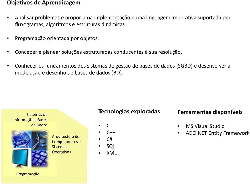 Conhecer os fundamentos dos sistemas de gestão de bases de dados (SGBD) e desenvolver a modelação e desenho de bases de dados (BD).