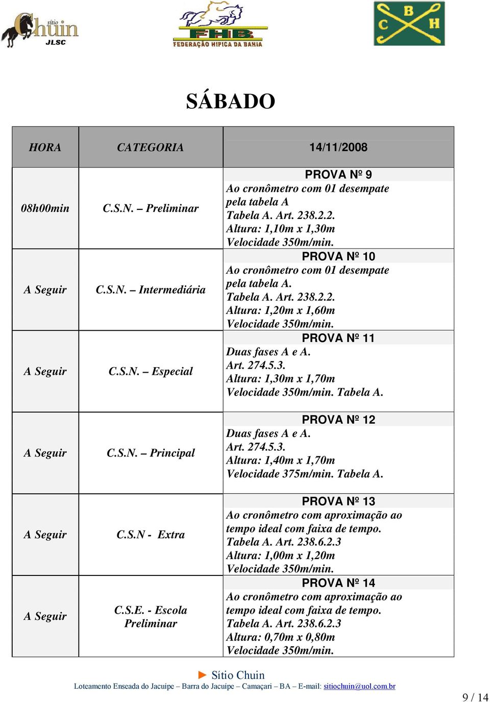 3. Altura: 1,30m x 1,70m Tabela A. PROVA Nº 12 Duas fases A e A. Art. 274.5.3. Altura: 1,40m x 1,70m Velocidade 375m/min. Tabela A. PROVA Nº 13 tempo ideal com faixa de tempo.