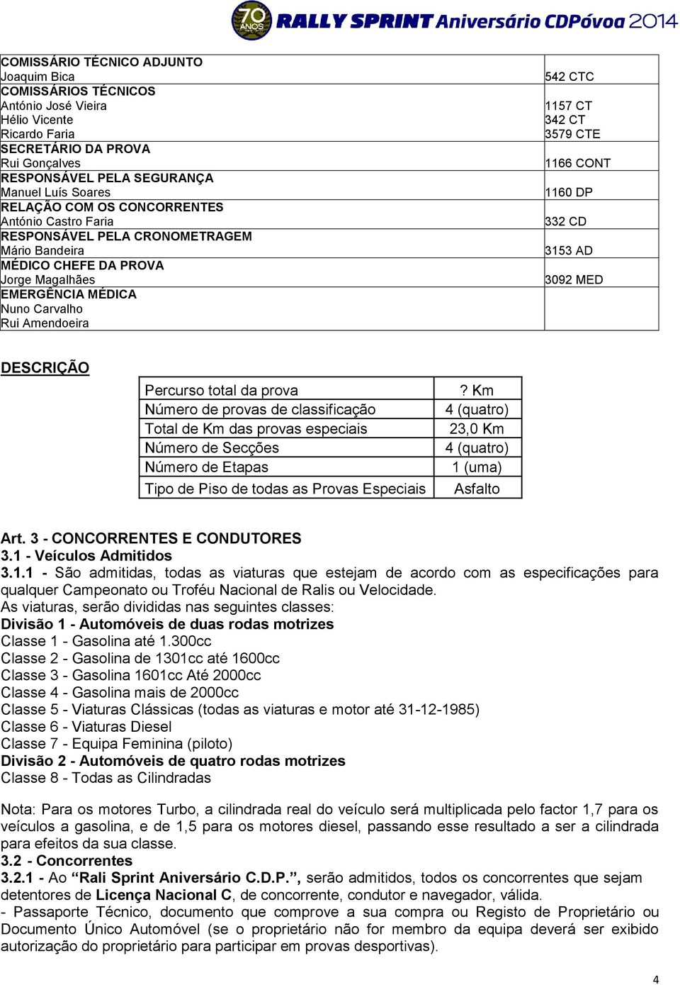 CTE 1166 CONT 1160 DP 332 CD 3153 AD 3092 MED DESCRIÇÃO Percurso total da prova Número de provas de classificação Total de Km das provas especiais Número de Secções Número de Etapas Tipo de Piso de