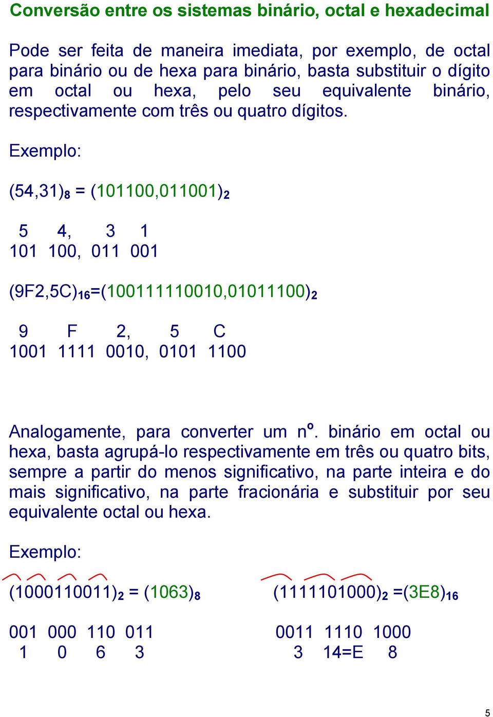 Exemplo: (54,31) 8 = (101100,011001) 2 5 4, 3 1 101 100, 011 001 (9F2,5C) 16 =(100111110010,01011100) 2 9 F 2, 5 C 1001 1111 0010, 0101 1100 Analogamente, para converter um n o.
