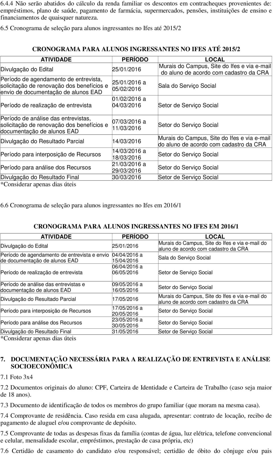 5 Cronograma de seleção para alunos ingressantes no Ifes até 2015/2 CRONOGRAMA PARA ALUNOS INGRESSANTES NO IFES ATÉ 2015/2 ATIVIDADE PERÍODO LOCAL Divulgação do Edital 25/01/2016 Período de