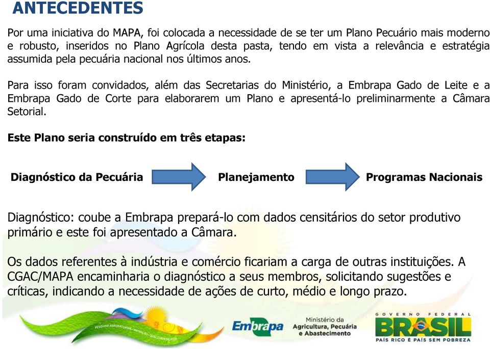 Para isso foram convidados, além das Secretarias do Ministério, a Embrapa Gado de Leite e a Embrapa Gado de Corte para elaborarem um Plano e apresentá-lo preliminarmente a Câmara Setorial.