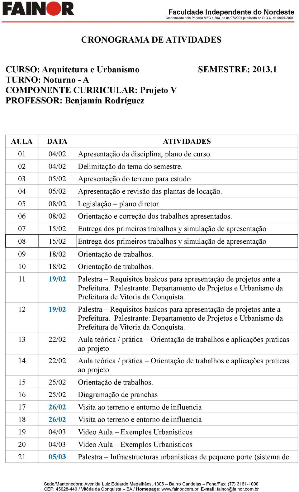 03 05/02 Apresentação do terreno para estudo. 04 05/02 Apresentação e revisão das plantas de locação. 05 08/02 Legislação plano diretor. 06 08/02 Orientação e correção dos trabalhos apresentados.