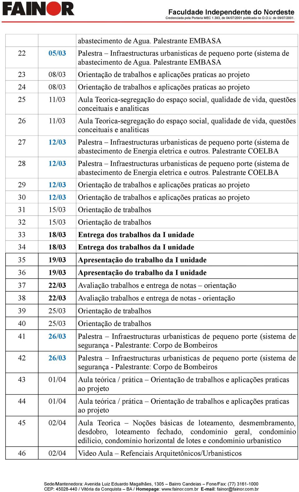 questões conceituais e analiticas 26 11/03 Aula Teorica-segregação do espaço social, qualidade de vida, questões conceituais e analiticas 27 12/03 Palestra Infraestructuras urbanisticas de pequeno