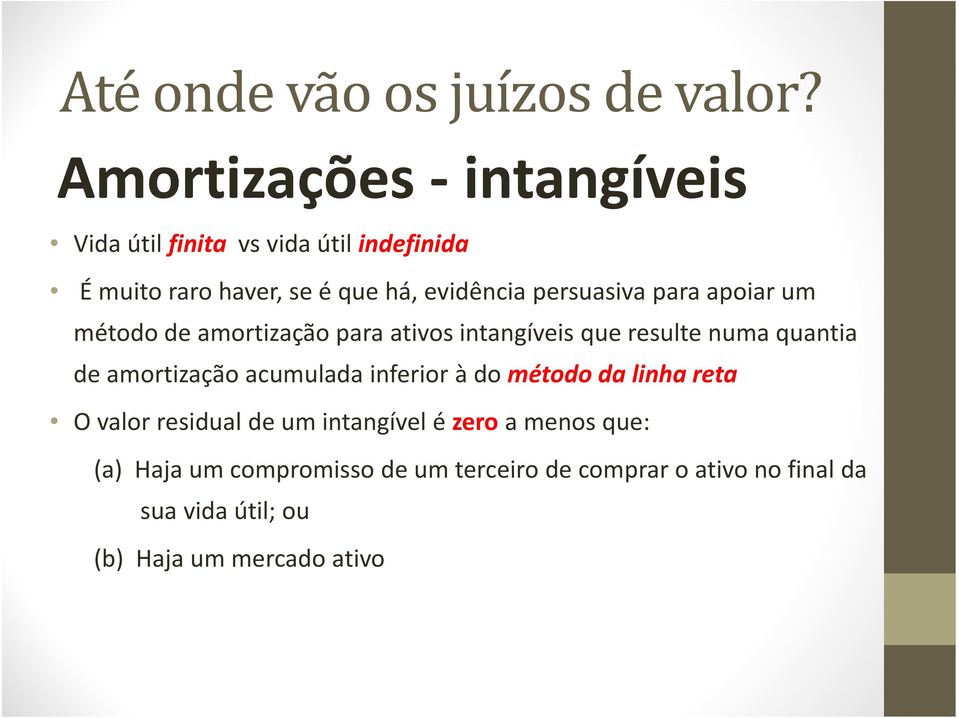 amortização acumulada inferior à do método da linha reta O valor residual de um intangível é zero a menos