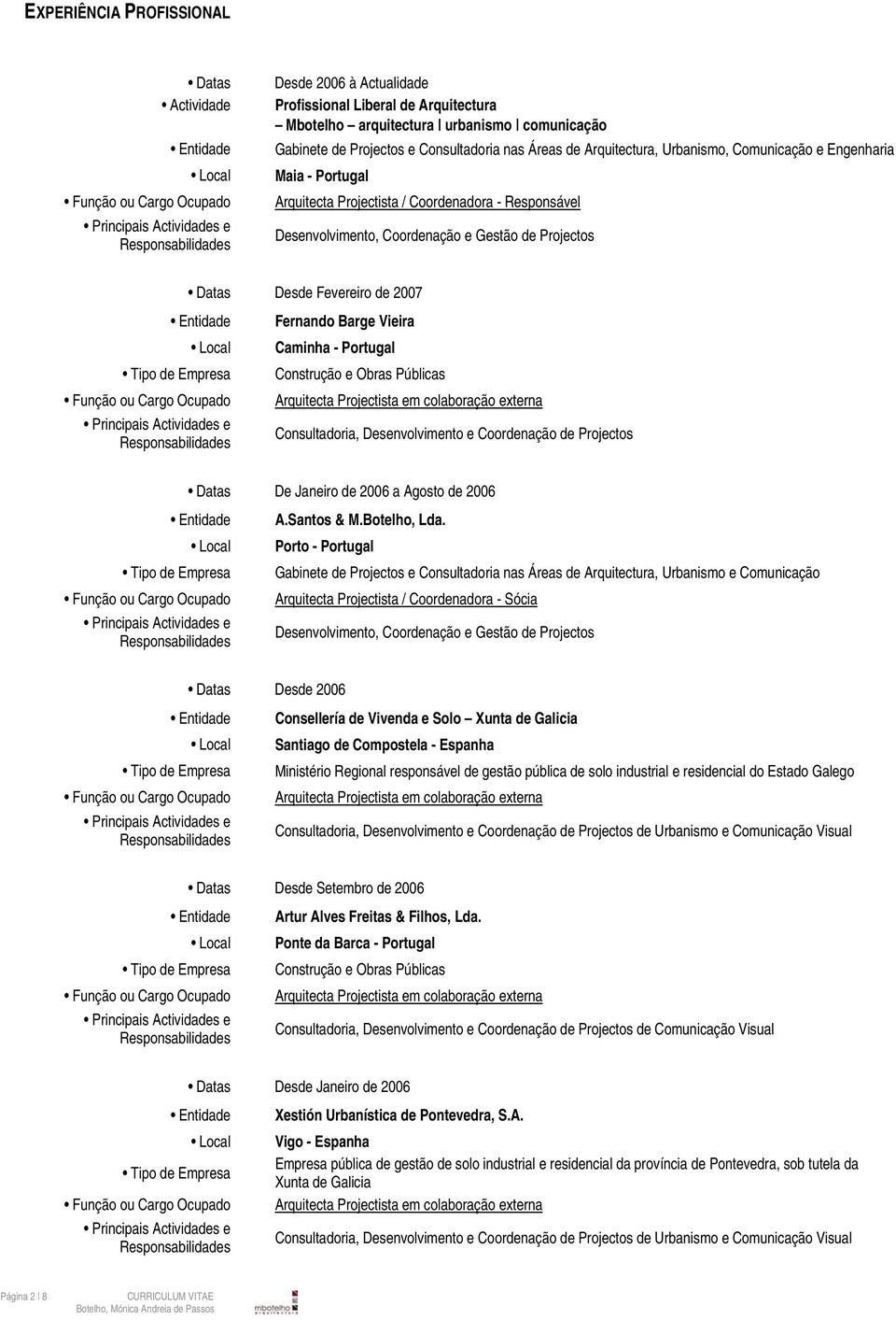 Fernando Barge Vieira Caminha - Portugal Construção e Obras Públicas Consultadoria, Desenvolvimento e Coordenação de Projectos Datas De Janeiro de 2006 a Agosto de 2006 A.Santos & M.Botelho, Lda.