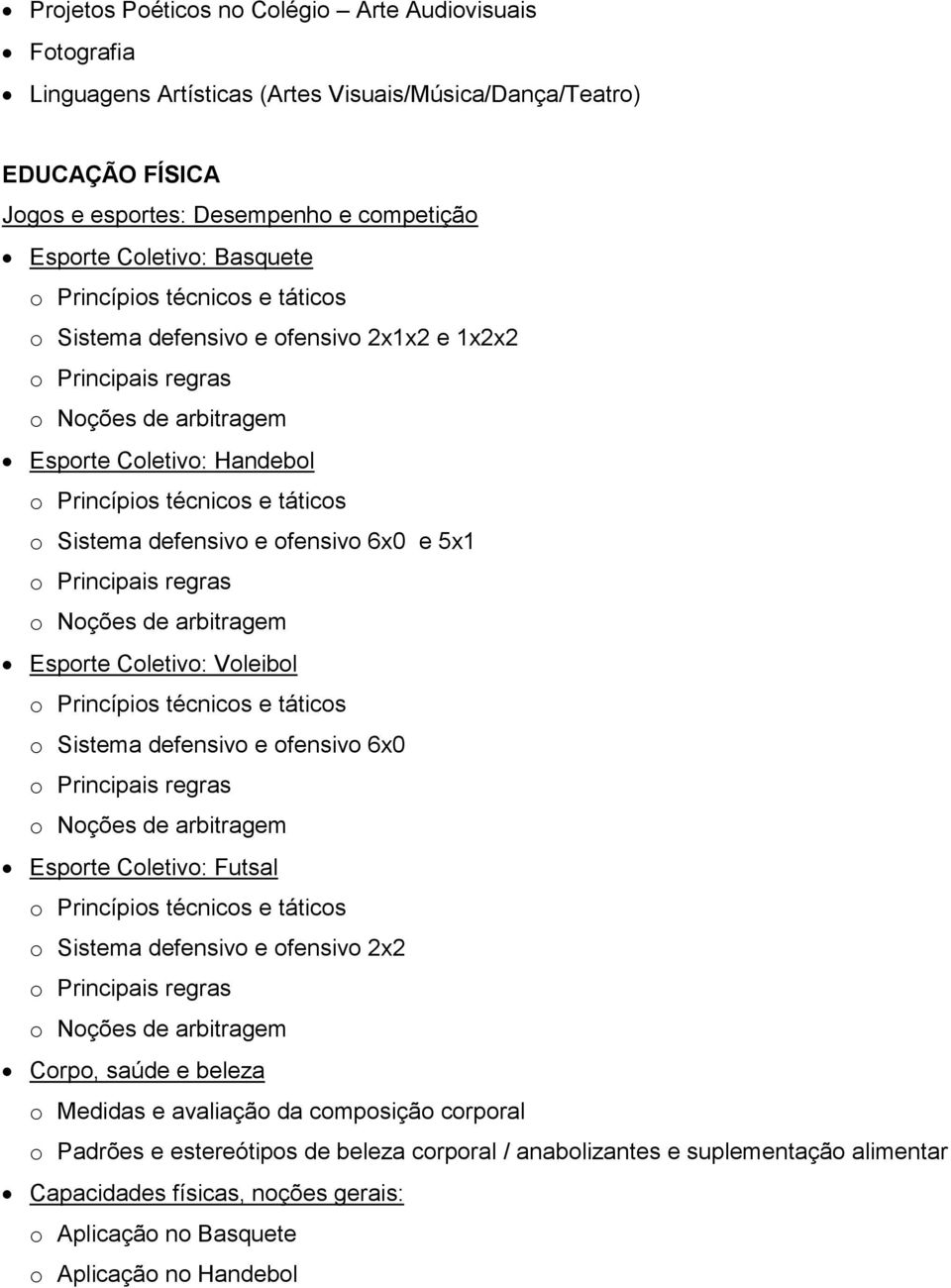 defensivo e ofensivo 6x0 e 5x1 o Principais regras o Noções de arbitragem Esporte Coletivo: Voleibol o Princípios técnicos e táticos o Sistema defensivo e ofensivo 6x0 o Principais regras o Noções de