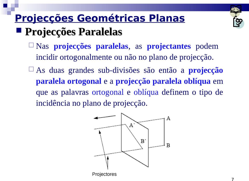 As duas grandes sub-divisões são então a projecção paralela ortogonal e a