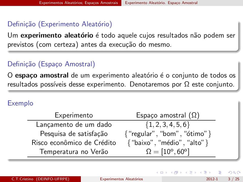 execução do mesmo. Definição (Espaço Amostral) O espaço amostral de um experimento aleatório é o conjunto de todos os resultados possíveis desse experimento.