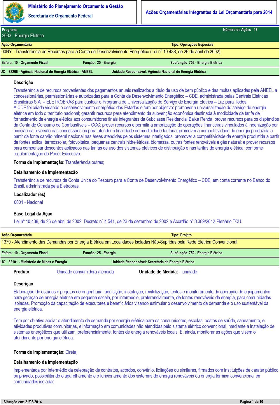 multas aplicadas pela ANEEL a concessionárias, permissionárias e autorizadas para a Conta de Desenvolvimento Energético CDE, administrada pelas Centrais Elétricas Brasileiras S.A. ELETROBRAS para custear o Programa de Universalização do Serviço de Energia Elétrica Luz para Todos.