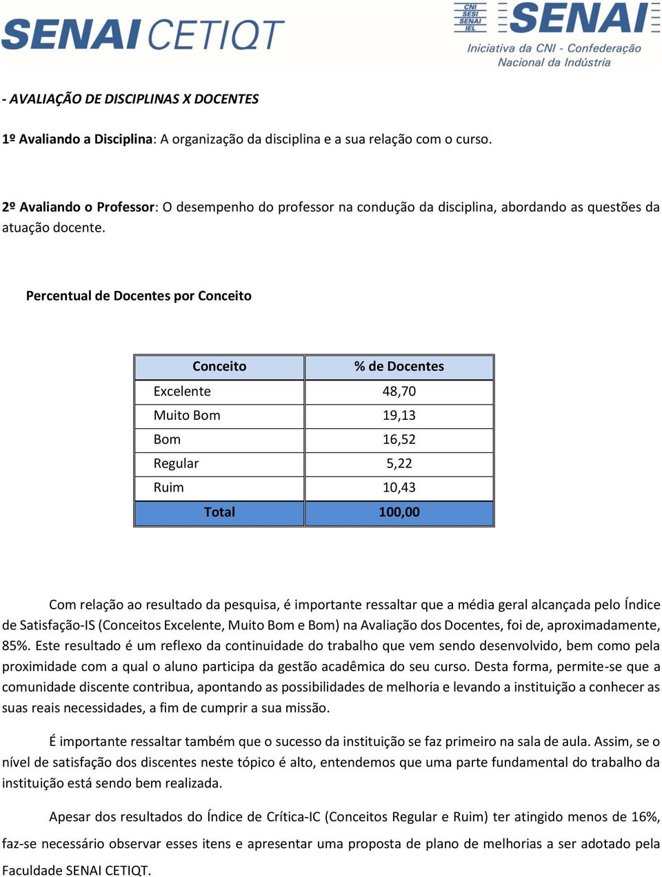 Percentual de Docentes por Conceito Conceito % de Docentes 48,70 Muito 19,13 16,52 5,22 10,43 Total 100,00 Com relação ao resultado da pesquisa, é importante ressaltar que a média geral alcançada