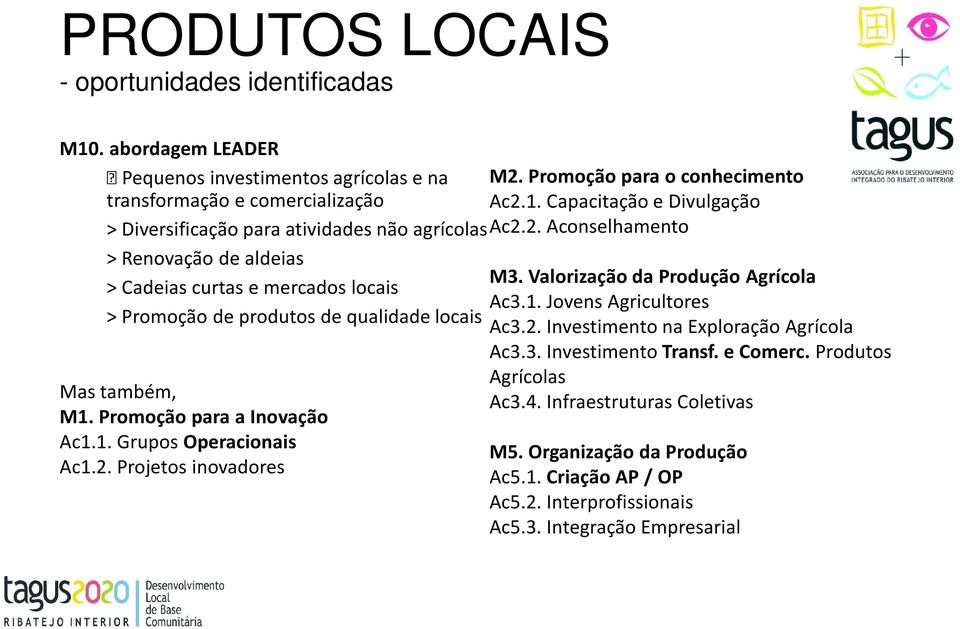 3. Investimento Transf. e Comerc. Produtos Agrícolas Ac3.4. Infraestruturas Coletivas Mas também, M1. Promoção para a Inovação Ac1.1. Grupos Operacionais Ac1.2. Projetos inovadores M5.