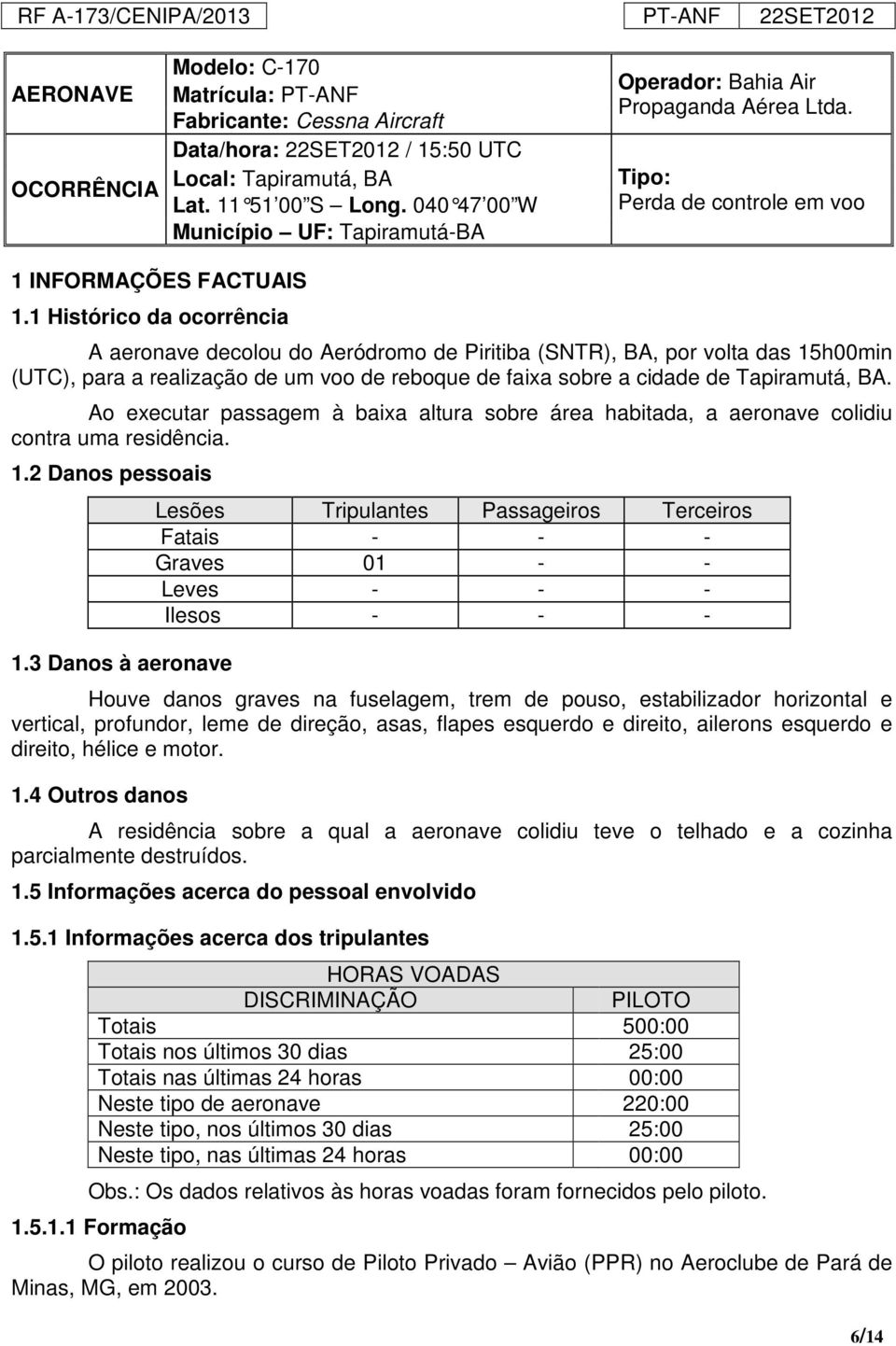 1 Histórico da ocorrência A aeronave decolou do Aeródromo de Piritiba (SNTR), BA, por volta das 15h00min (UTC), para a realização de um voo de reboque de faixa sobre a cidade de Tapiramutá, BA.