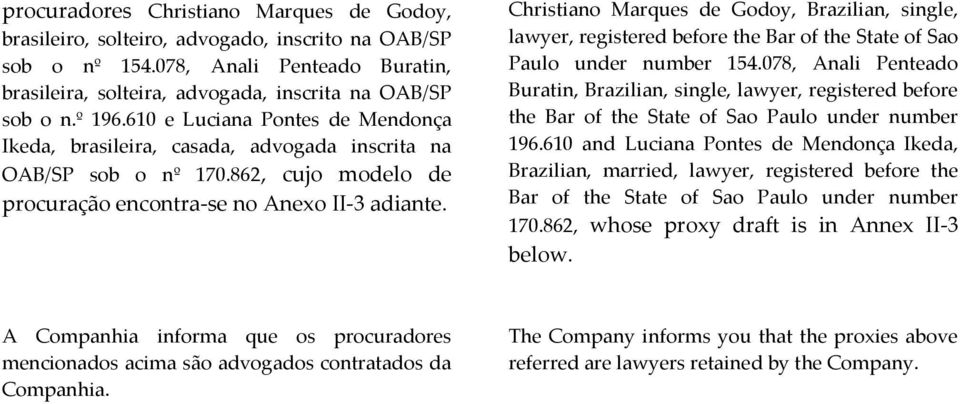 Christiano Marques de Godoy, Brazilian, single, lawyer, registered before the Bar of the State of Sao Paulo under number 154.