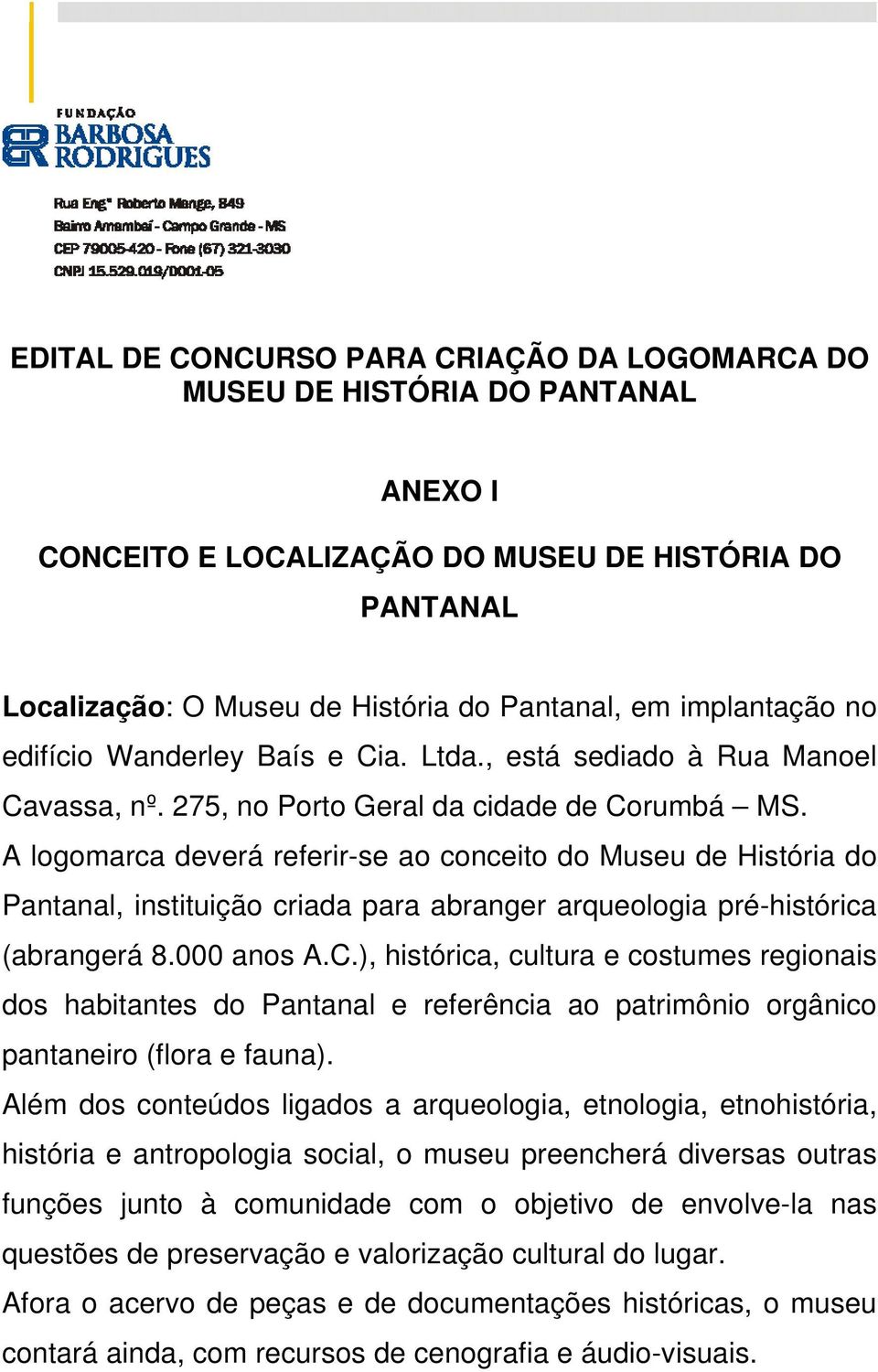 A logomarca deverá referir-se ao conceito do Museu de História do Pantanal, instituição criada para abranger arqueologia pré-histórica (abrangerá 8.000 anos A.C.