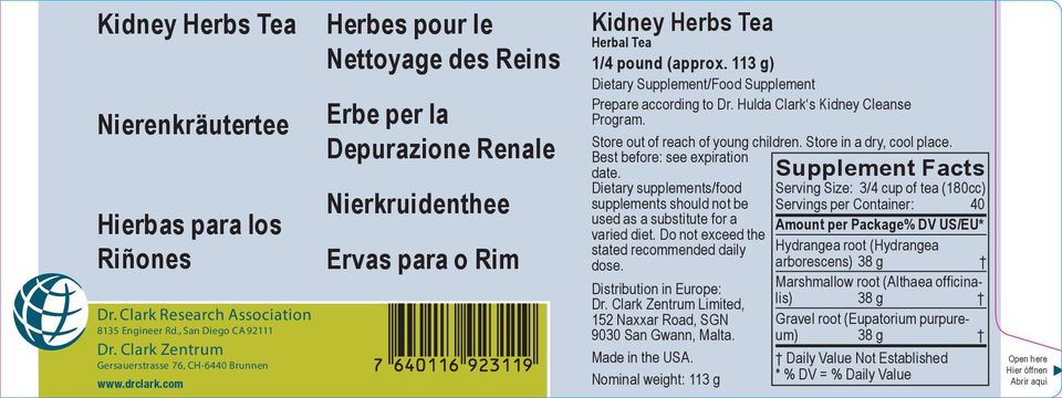 113 g) Dietary Supplement/Food Supplement Prepare according to Dr. Hulda Clark s Kidney Cleanse Program. Store out of reach of young children. Store in a dry, cool place.