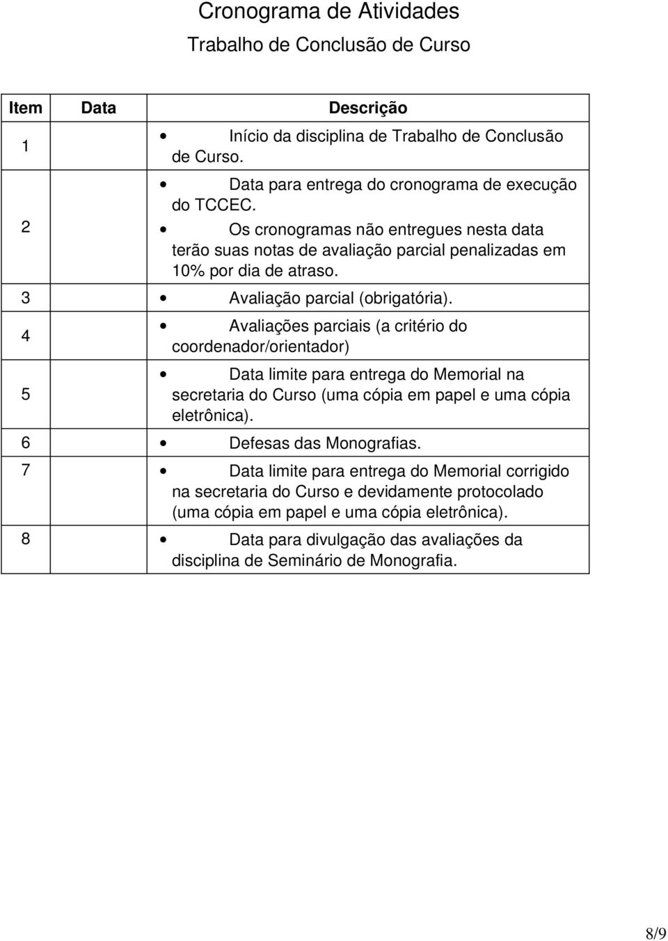 4 5 Avaliações parciais (a critéri d crdenadr/rientadr) Data limite para entrega d Memrial na secretaria d Curs (uma cópia em papel e uma cópia eletrônica).