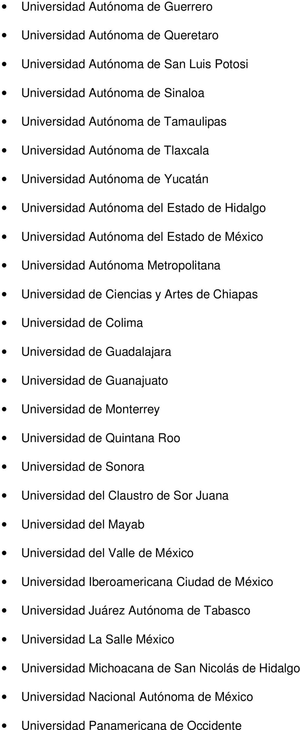 Chiapas Universidad de Colima Universidad de Guadalajara Universidad de Guanajuato Universidad de Monterrey Universidad de Quintana Roo Universidad de Sonora Universidad del Claustro de Sor Juana