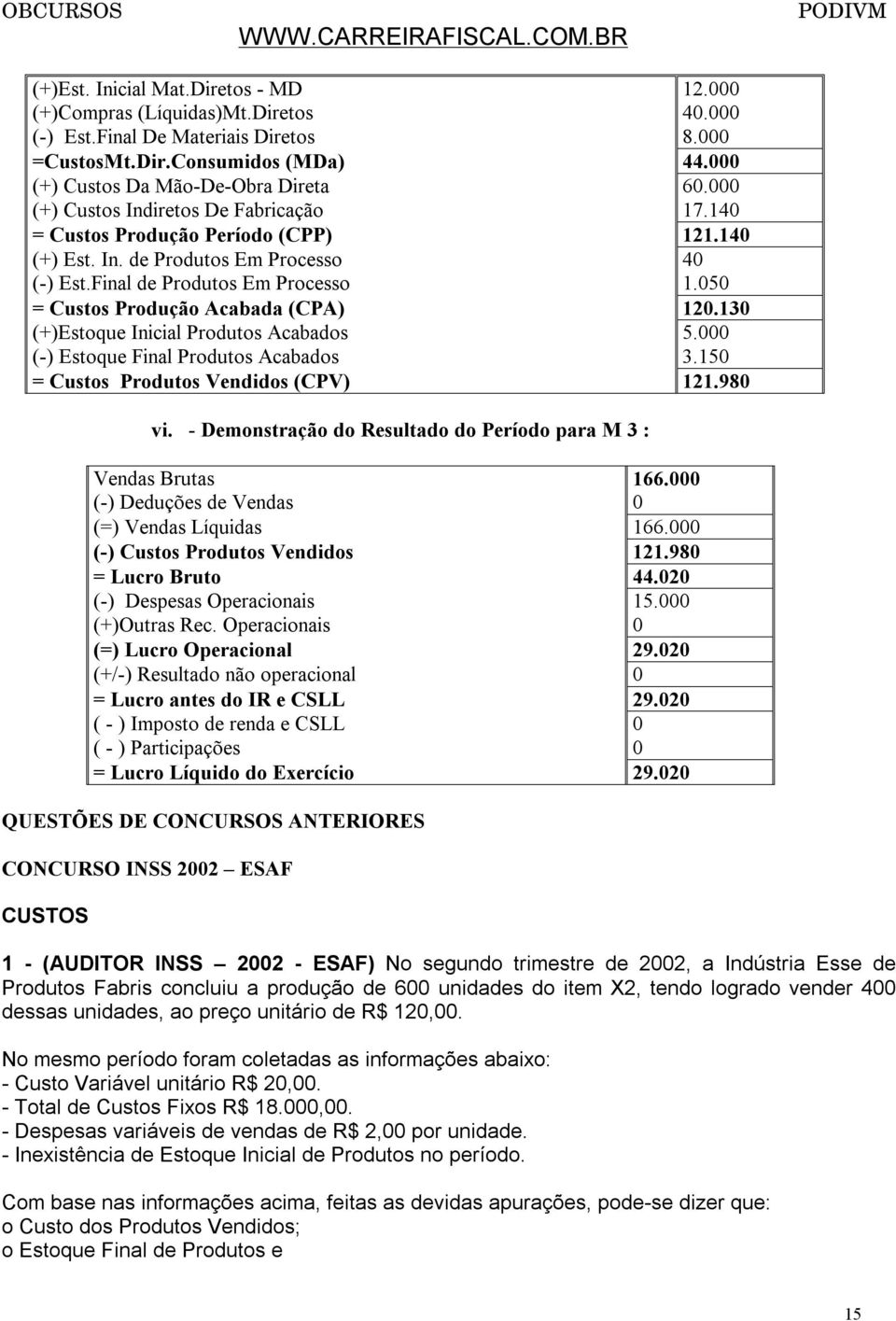 050 = Custos Produção Acabada (CPA) 120.130 (+)Estoque Inicial Produtos Acabados 5.000 (-) Estoque Final Produtos Acabados 3.150 = Custos Produtos Vendidos (CPV) 121.980 vi.