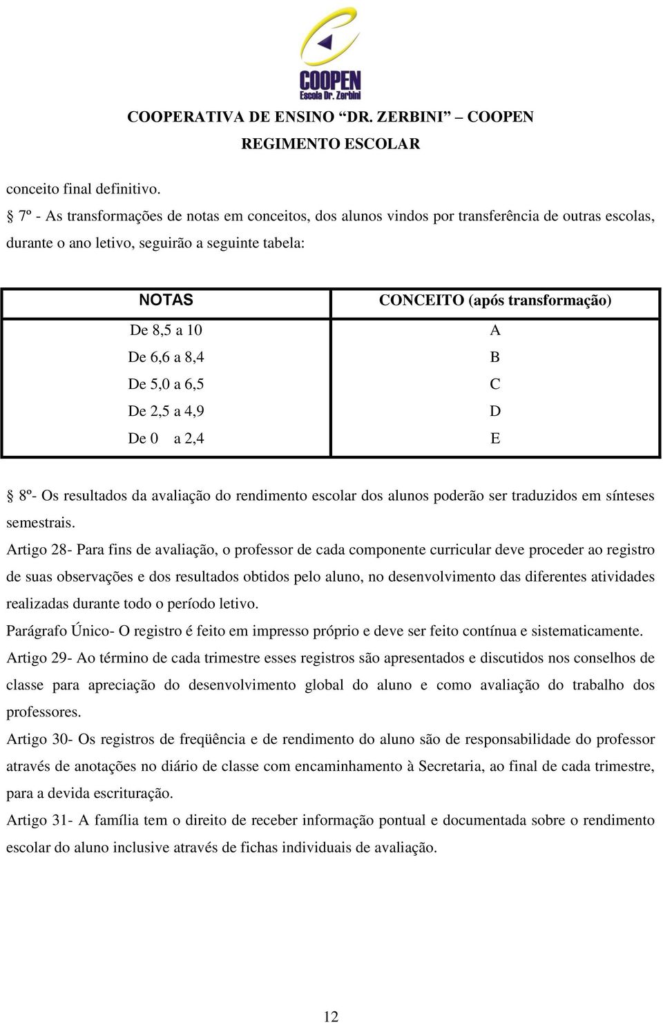 2,5 a 4,9 De 0 a 2,4 CONCEITO (após transformação) A B C D E 8º- Os resultados da avaliação do rendimento escolar dos alunos poderão ser traduzidos em sínteses semestrais.