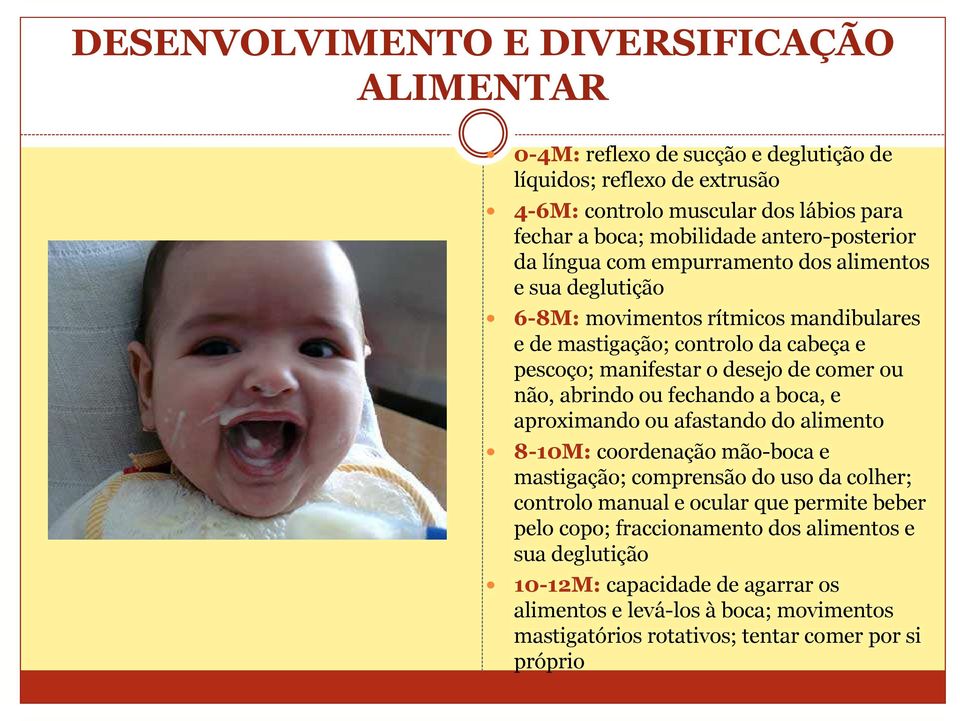 comer ou não, abrindo ou fechando a boca, e aproximando ou afastando do alimento 8-10M: coordenação mão-boca e mastigação; comprensão do uso da colher; controlo manual e ocular que