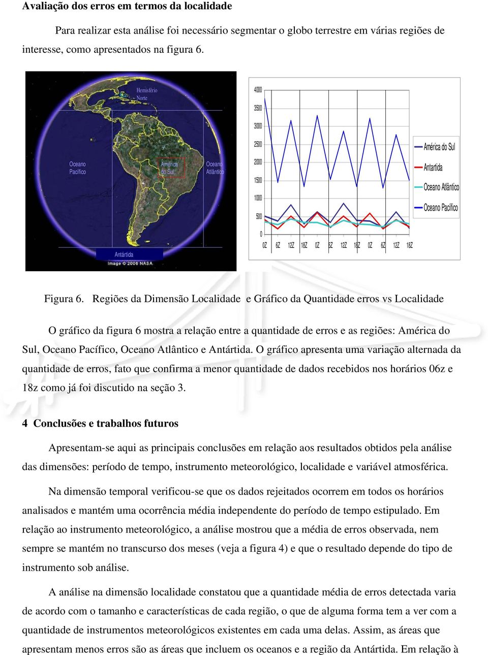 Regiões da Dimensão Localidade e Gráfico da Quantidade erros vs Localidade O gráfico da figura 6 mostra a relação entre a quantidade de erros e as regiões: América do Sul, Oceano Pacífico, Oceano